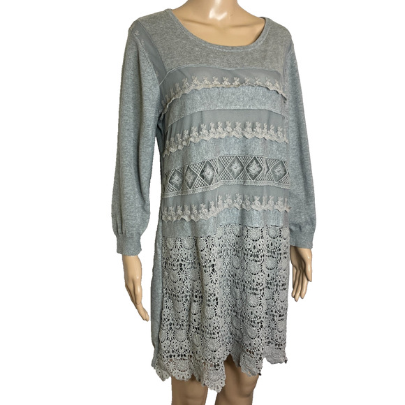 Women's XL Sundance Gray Lace Front Scoop Neck Cotton Knit Tunic Top - Picture 2 of 4